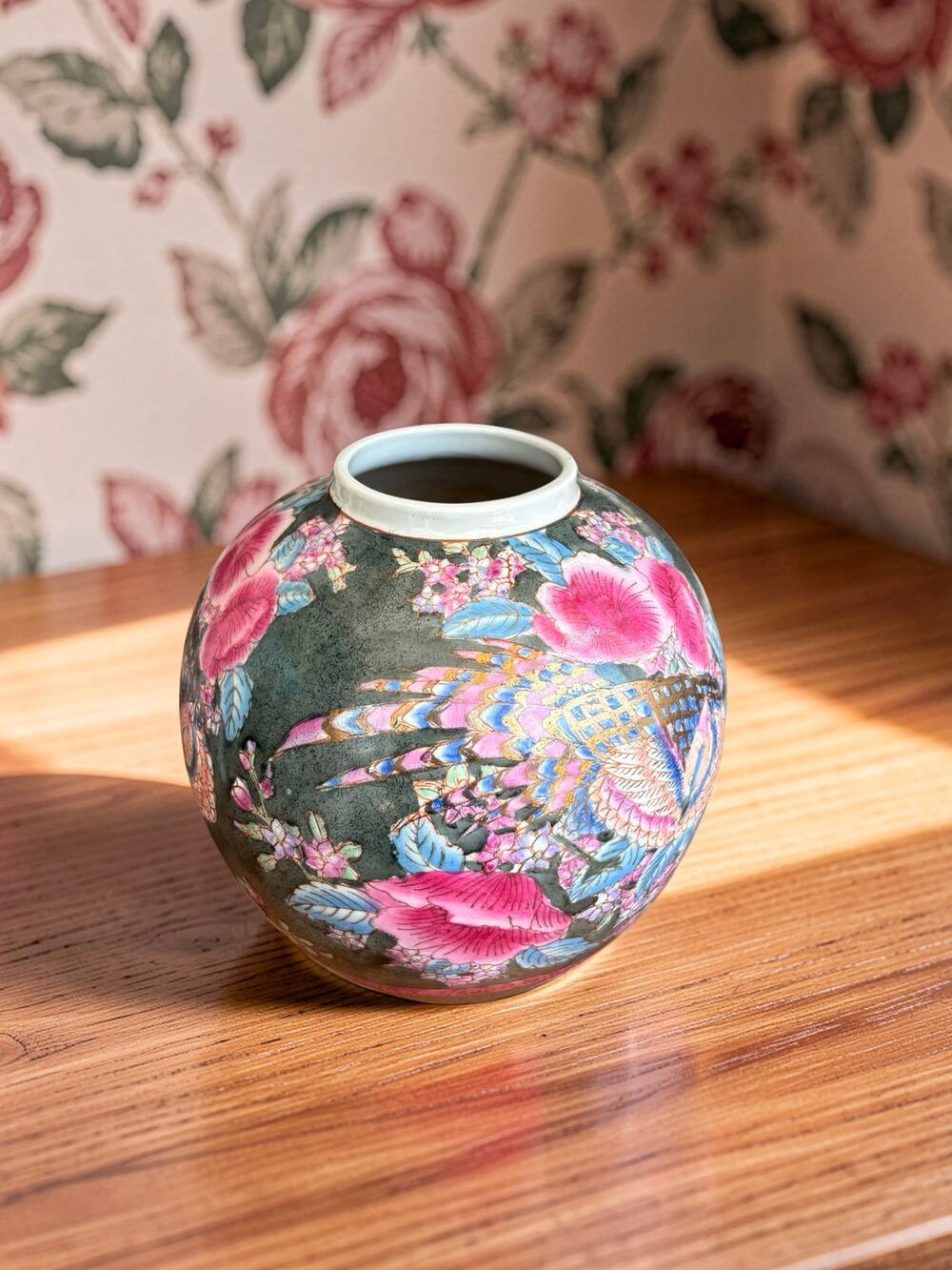 Vintage Chinese Style Porcelain Vase Phoenix Bird Floral Famille Noire Pink Blue